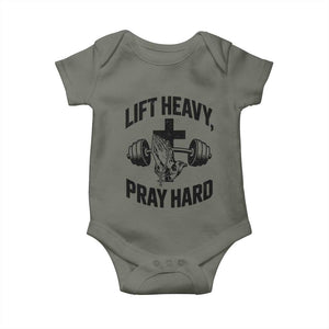 Lift Heavy Pray Hard Baby Onesie Christian Workout Jesus Gym Lifting TS11 Military Green Print Your Wear