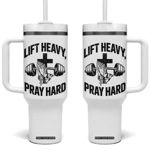 Lift Heavy Pray Hard Tumbler With Handle Christian Workout Jesus Gym Lifting TS11 One Size: 40 oz White Print Your Wear