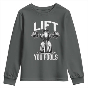 Funny Lift You Fools Youth Sweatshirt Swole Wizard Weightlifting Bodybuilding Gym Fitness TS11 Dark Heather Print Your Wear