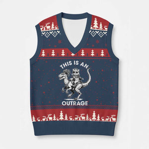 Dungeon Cat This Is An Outrage V-Neck Knit Sweater Vest Funny Princess Cat Riding Dinosaur TS11 Navy Red Print Your Wear