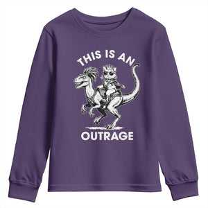 Dungeon Cat This Is An Outrage Youth Sweatshirt Funny Princess Cat Riding Dinosaur TS11 Purple Print Your Wear