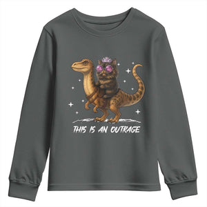 Dungeon Cat This Is An Outrage Youth Sweatshirt Funny Princess Kitten Dinosaur TS11 Dark Heather Print Your Wear