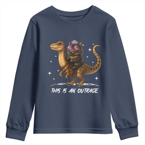Dungeon Cat This Is An Outrage Youth Sweatshirt Funny Princess Kitten Dinosaur TS11 Navy Print Your Wear