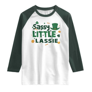 Funny St Patrick's Day Sassy Little Lassie Raglan Shirt Shamrock TS11 White Dark Forest Green Print Your Wear