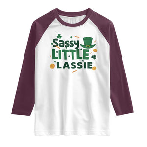 Funny St Patrick's Day Sassy Little Lassie Raglan Shirt Shamrock TS11 White Maroon Print Your Wear