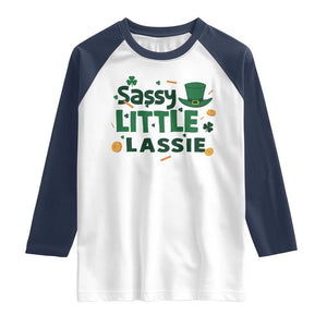 Funny St Patrick's Day Sassy Little Lassie Raglan Shirt Shamrock TS11 White Navy Print Your Wear