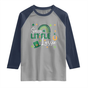 Funny Sassy Little Lassie Raglan Shirt St Patrick's Day Shamrock Rainbow TS11 Sport Gray Navy Print Your Wear