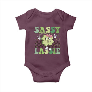 Funny St Patrick's Day Sassy Little Lassie Baby Onesie Retro Groovy Clover TS11 Maroon Print Your Wear