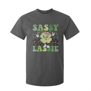 Funny St Patrick's Day Sassy Little Lassie T Shirt For Kid Retro Groovy Clover TS11 Dark Heather Print Your Wear