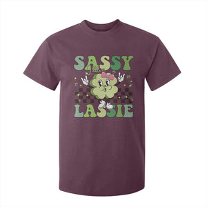 Funny St Patrick's Day Sassy Little Lassie T Shirt For Kid Retro Groovy Clover TS11 Maroon Print Your Wear