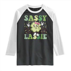 Funny St Patrick's Day Sassy Little Lassie Raglan Shirt Retro Groovy Clover TS11 Black White Print Your Wear