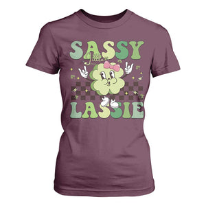 Funny St Patrick's Day Sassy Little Lassie T Shirt For Women Retro Groovy Clover TS11 Maroon Print Your Wear