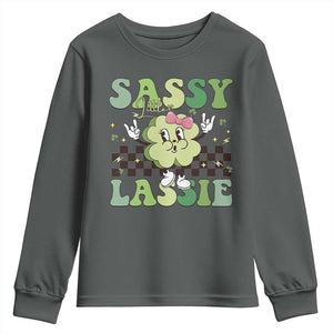 Funny St Patrick's Day Sassy Little Lassie Youth Sweatshirt Retro Groovy Clover TS11 Dark Heather Print Your Wear