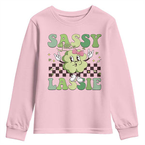 Funny St Patrick's Day Sassy Little Lassie Youth Sweatshirt Retro Groovy Clover TS11 Light Pink Print Your Wear