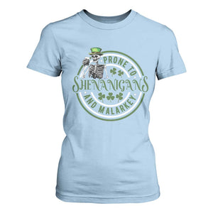 Funny Irish Prone To Shenanigans And Malarkey St Patrick's Day T Shirt For Women Skeleton Beer Drinking TS11 Light Blue Print Your Wear