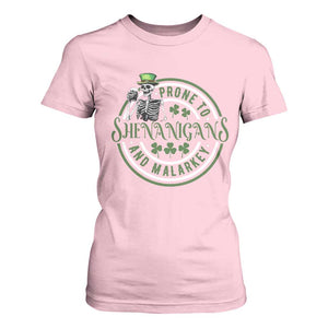 Funny Irish Prone To Shenanigans And Malarkey St Patrick's Day T Shirt For Women Skeleton Beer Drinking TS11 Light Pink Print Your Wear
