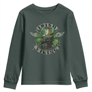 Funny Irish Viking Youth Sweatshirt Vintage Shamrock Celtic Viking Skull TS11 Dark Forest Green Print Your Wear