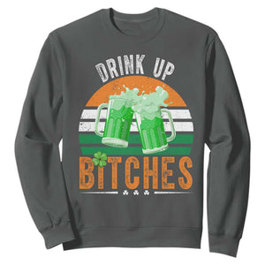 Funny St Patrick's Day Irish Beer Drinking Sweatshirt Drink Up Bitches Beer Mug TS11 Dark Heather Print Your Wear
