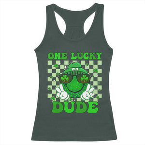 Funny One Lucky Dude St Patrick's Day Racerback Tank Top Checkerboard Shamrock TS11 Dark Forest Green Print Your Wear