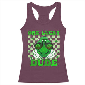 Funny One Lucky Dude St Patrick's Day Racerback Tank Top Checkerboard Shamrock TS11 Maroon Print Your Wear