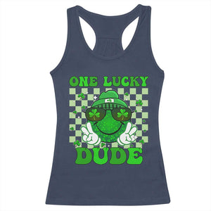 Funny One Lucky Dude St Patrick's Day Racerback Tank Top Checkerboard Shamrock TS11 Navy Print Your Wear