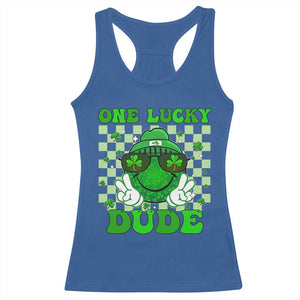 Funny One Lucky Dude St Patrick's Day Racerback Tank Top Checkerboard Shamrock TS11 Royal Blue Print Your Wear