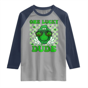 Funny One Lucky Dude St Patrick's Day Raglan Shirt Checkerboard Shamrock TS11 Sport Gray Navy Print Your Wear
