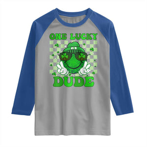 Funny One Lucky Dude St Patrick's Day Raglan Shirt Checkerboard Shamrock TS11 Sport Gray Royal Print Your Wear