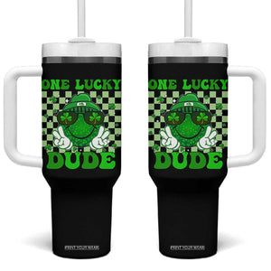 Funny One Lucky Dude St Patrick's Day Tumbler With Handle Checkerboard Shamrock TS11 One Size: 40 oz Black Print Your Wear