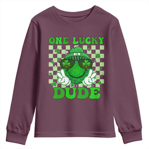 Funny One Lucky Dude St Patrick's Day Youth Sweatshirt Checkerboard Shamrock TS11 Maroon Print Your Wear