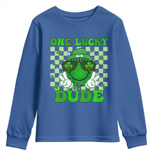 Funny One Lucky Dude St Patrick's Day Youth Sweatshirt Checkerboard Shamrock TS11 Royal Blue Print Your Wear