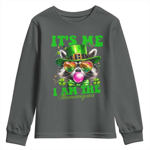 Funny It's Me I Am The Shenanigans Youth Sweatshirt St Patrick's Day Racoon Shamrock TS11 Dark Heather Print Your Wear