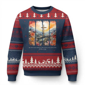 My Sin Was Great His Love Was Greater Ugly Christmas Sweater Christian Easter Religious Bible Verse TS11 Navy Red Print Your Wear