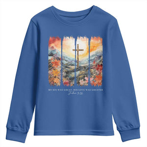 My Sin Was Great His Love Was Greater Youth Sweatshirt Christian Easter Religious Bible Verse TS11 Royal Blue Print Your Wear