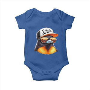 Funny Oriole Bird Wearing Baseball Cap Graphic Vintage Sport Baby Onesie TS11 Royal Blue Print Your Wear