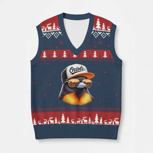 Funny Oriole Bird Wearing Baseball Cap Graphic Vintage Sport V-Neck Knit Sweater Vest TS11 Navy Red Print Your Wear
