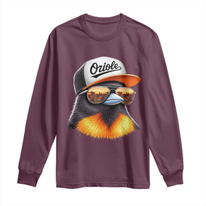 Funny Oriole Bird Wearing Baseball Cap Graphic Vintage Sport Long Sleeve Shirt TS11 Maroon Print Your Wear