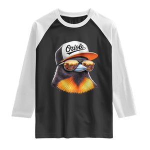 Funny Oriole Bird Wearing Baseball Cap Graphic Vintage Sport Raglan Shirt TS11 Black White Print Your Wear