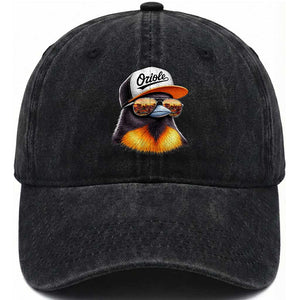 Funny Oriole Bird Wearing Baseball Cap Graphic Vintage Sport Washed Cotton Baseball Cap TS11 Washed Cap Universal Fit Black Print Your Wear