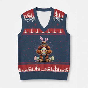 Funny Bigfoot Easter Day Bunny Sasquatch Egg V-Neck Knit Sweater Vest TS11 Navy Red Print Your Wear