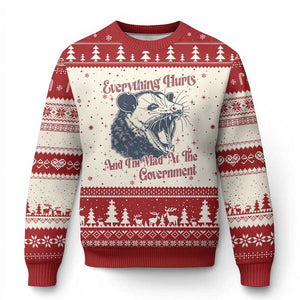 Everything Hurts And I Am Mad At The Government Ugly Christmas Sweater Funny Burnout Possum TS11 Beige Red Print Your Wear