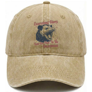 Everything Hurts And I Am Mad At The Government Washed Cotton Baseball Cap Funny Burnout Possum TS11 Washed Cap Universal Fit Khaki Print Your Wear