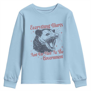 Everything Hurts And I Am Mad At The Government Youth Sweatshirt Funny Burnout Possum TS11 Light Blue Print Your Wear