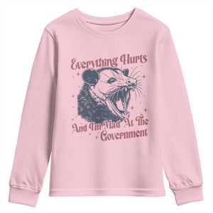 Everything Hurts And I Am Mad At The Government Youth Sweatshirt Funny Burnout Possum TS11 Light Pink Print Your Wear