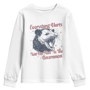Everything Hurts And I Am Mad At The Government Youth Sweatshirt Funny Burnout Possum TS11 White Print Your Wear