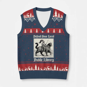 Defend Your Local Public Library V-Neck Knit Sweater Vest Knight Cat for Fantasy Book Lovers TS11 Navy Red Print Your Wear