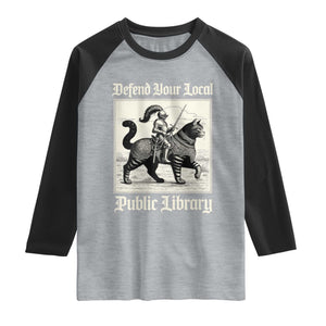 Defend Your Local Public Library Raglan Shirt Knight Cat for Fantasy Book Lovers TS11 Heather Gray Black Print Your Wear