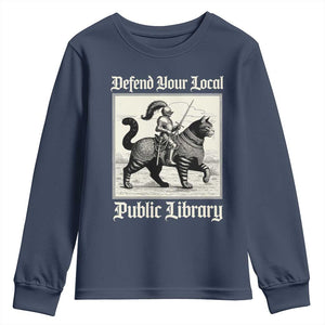 Defend Your Local Public Library Youth Sweatshirt Knight Cat for Fantasy Book Lovers TS11 Navy Print Your Wear