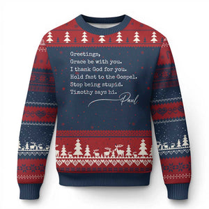 Greetings Grace Be with You I Thank God for You Hold Fast Ugly Christmas Sweater Christian Pauline Greetings TS11 Navy Red Print Your Wear