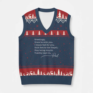 Greetings Grace Be with You I Thank God for You Hold Fast V-Neck Knit Sweater Vest Christian Pauline Greetings TS11 Navy Red Print Your Wear